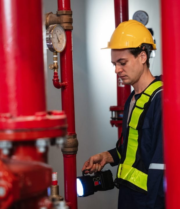 Engineers are inspecting the plumbing and water valves inside an industrial facility.